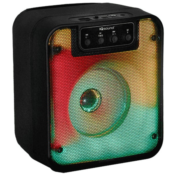A black IQ Sound speaker with red-yellow-orange LED lights and playback controls—compact and party-ready.