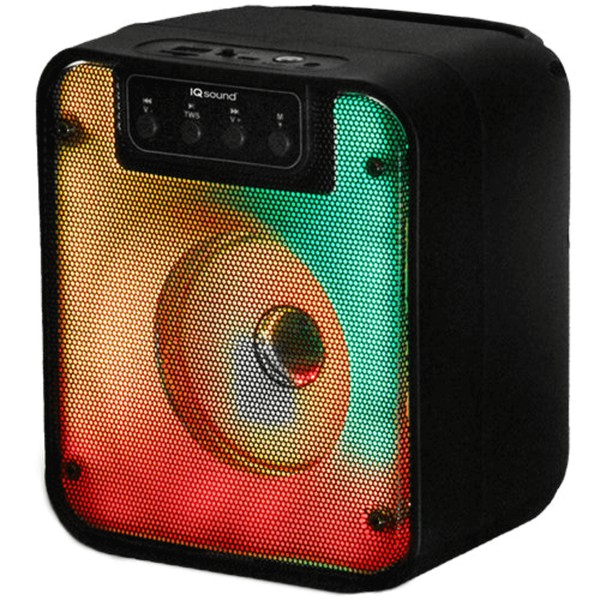 A black IQ Sound speaker with red-yellow-orange LED lights and playback controls—compact and party-ready.