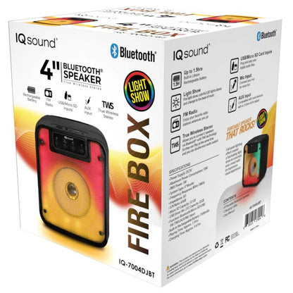 A black IQ Sound speaker with red-yellow-orange LED lights and playback controls—compact and party-ready.