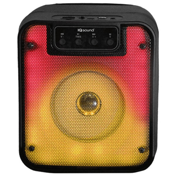 A black IQ Sound speaker with red-yellow-orange LED lights and playback controls—compact and party-ready.