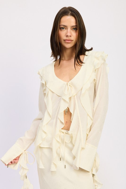 Features a playful tie-front at the waist for adjustable styling.