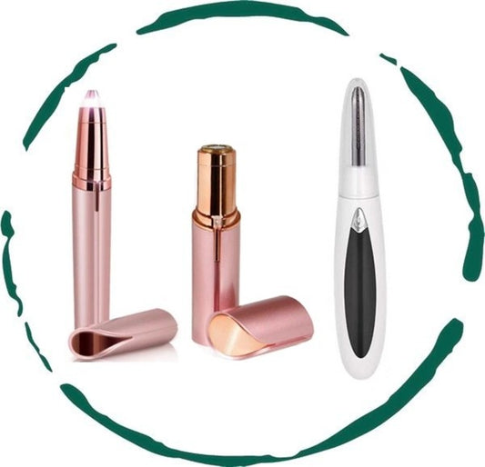 The Effortless Beauty Kit: A rechargeable 3-piece set displayed, including an electric facial hair remover, an electric eyebrow razor, and a heated eyelash curler.

