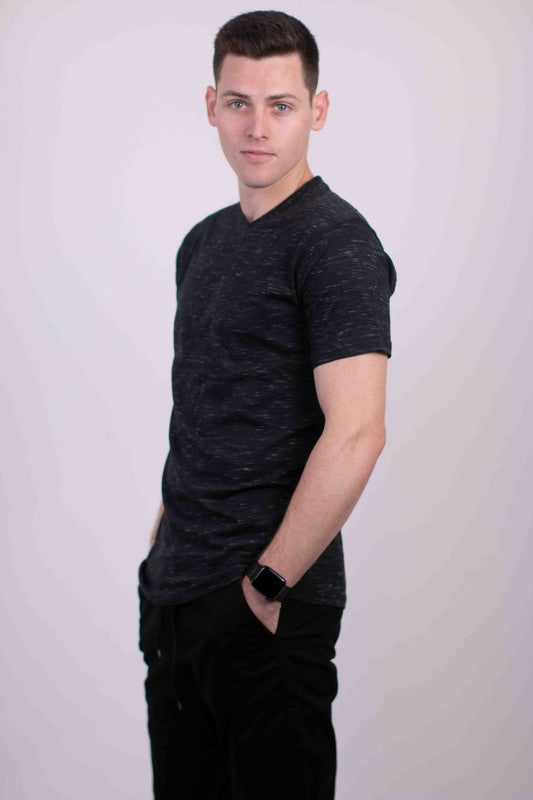 The tri-blend V-neck T-shirt combines soft, durable fabric with a flattering drape and a comfortable, subtle heathered look.