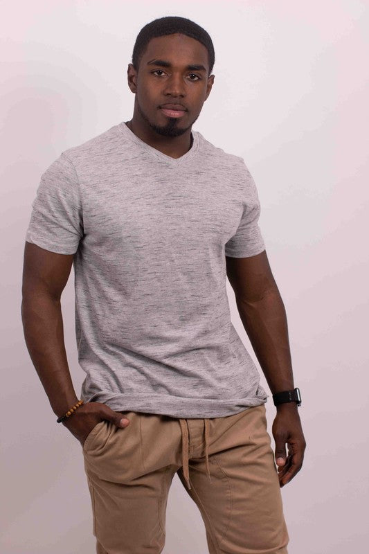 The tri-blend V-neck T-shirt combines soft, durable fabric with a flattering drape and a comfortable, subtle heathered look.