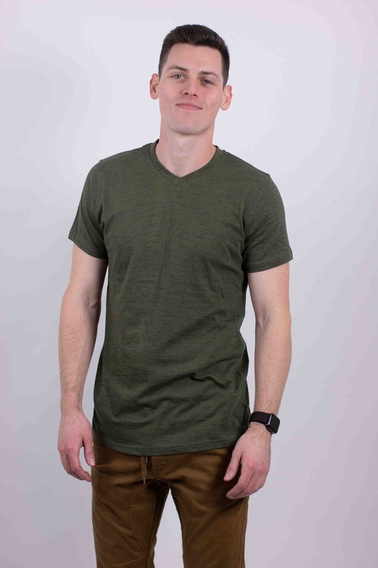 The tri-blend V-neck T-shirt combines soft, durable fabric with a flattering drape and a comfortable, subtle heathered look.