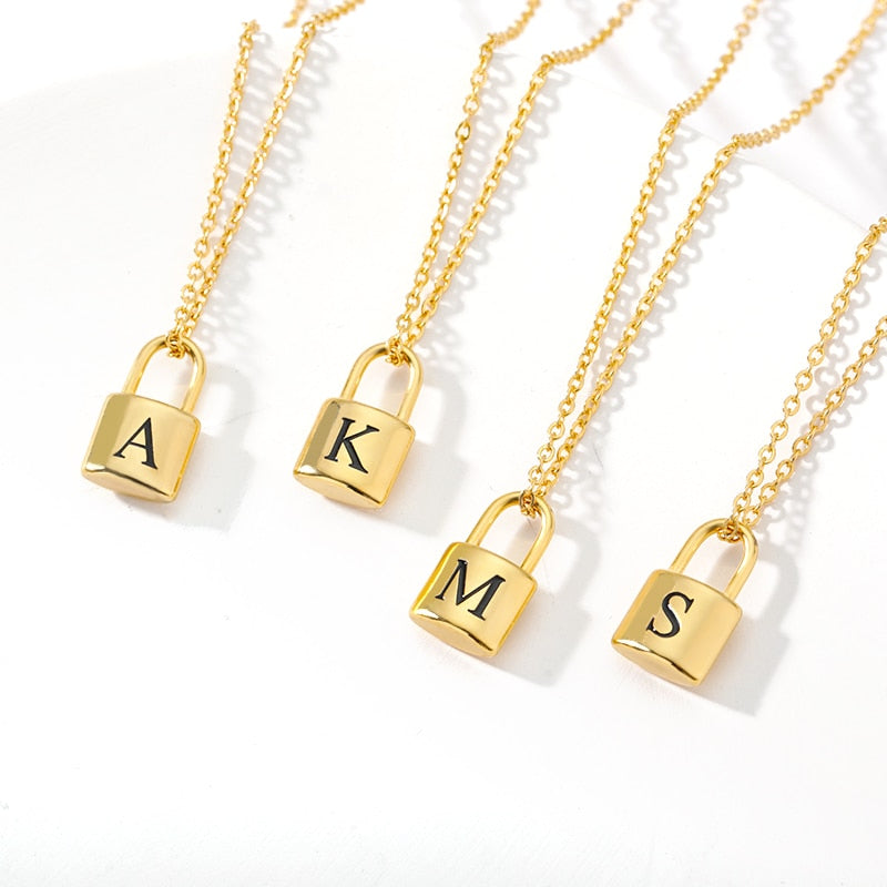Initial Necklace For Women Padlock Lock Letter Necklace Chain Stainless Steel Jewelry Valentine&#39;s Day Gift Collier Femme