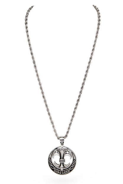 Fleur-de-lis pendant necklace with Celtic knot border on a twisted rope chain, bold, symbolic, and intricately crafted.
