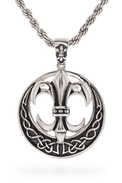 Fleur-de-lis pendant necklace with Celtic knot border on a twisted rope chain, bold, symbolic, and intricately crafted.