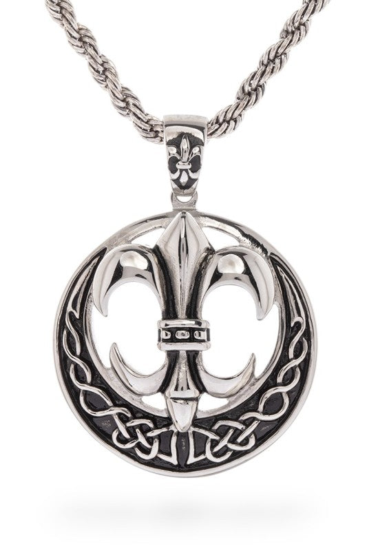 Fleur-de-lis pendant necklace with Celtic knot border on a twisted rope chain, bold, symbolic, and intricately crafted.