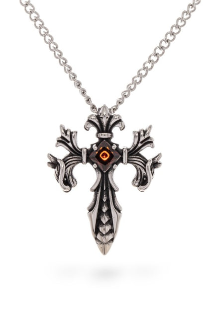 Silver gothic-style cross pendant necklace featuring ornate flourishes and a striking dark gemstone with a glowing orange center, bold, detailed, and perfect for statement wear.