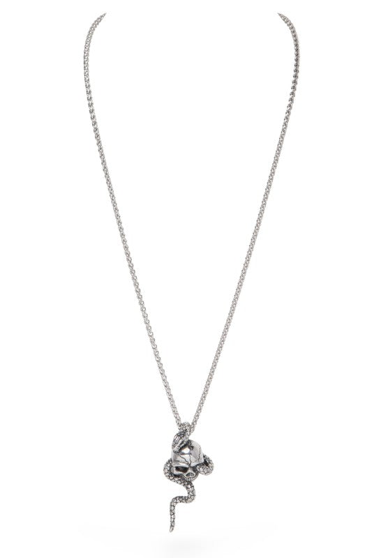 Silver pendant necklace featuring a detailed skull entwined with a coiled snake—bold, symbolic, and perfect for edgy or gothic-inspired style.