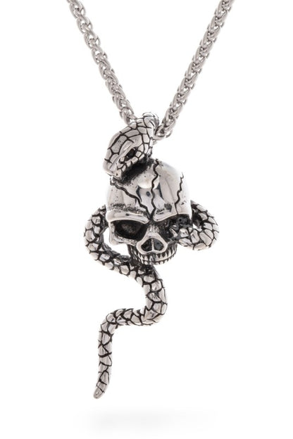 Silver pendant necklace featuring a detailed skull entwined with a coiled snake—bold, symbolic, and perfect for edgy or gothic-inspired style.