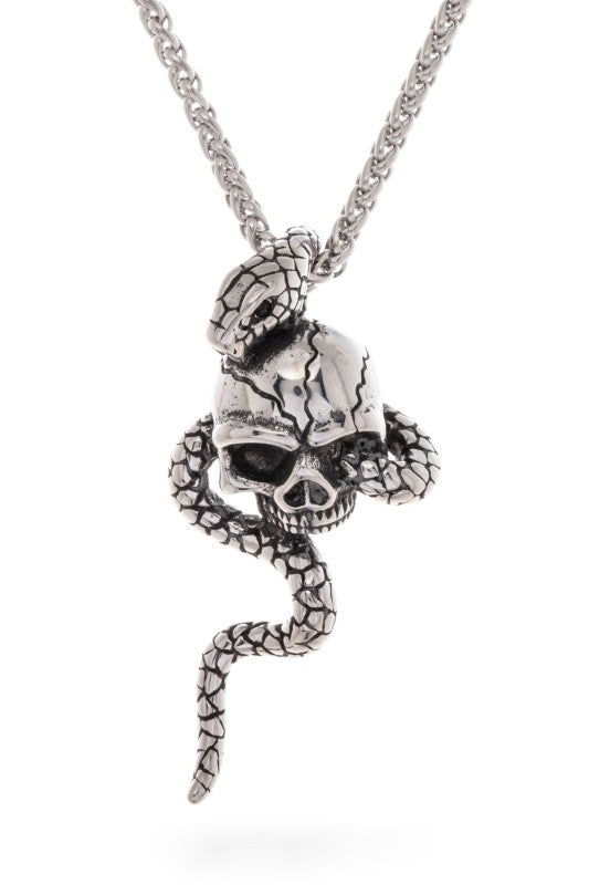 Silver pendant necklace featuring a detailed skull entwined with a coiled snake—bold, symbolic, and perfect for edgy or gothic-inspired style.