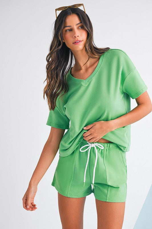 V Neck Tee & Patchwork Shorts Set