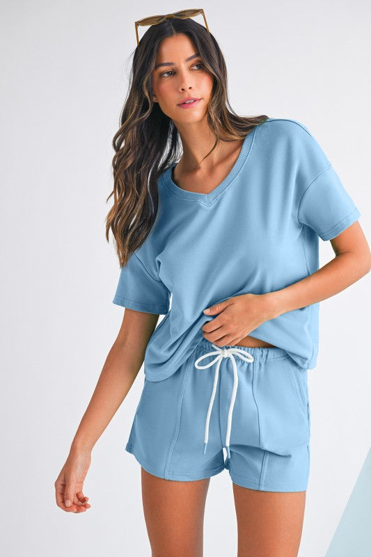 V Neck Tee & Patchwork Shorts Set