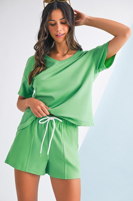 V Neck Tee & Patchwork Shorts Set