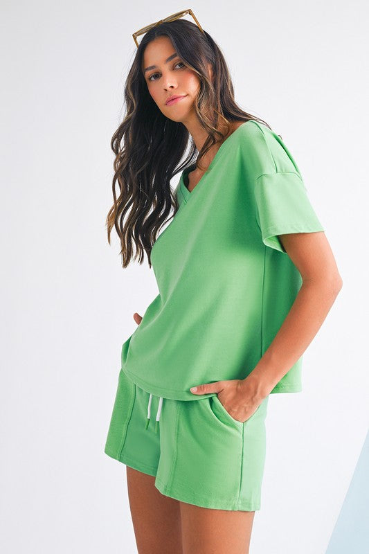 V Neck Tee & Patchwork Shorts Set
