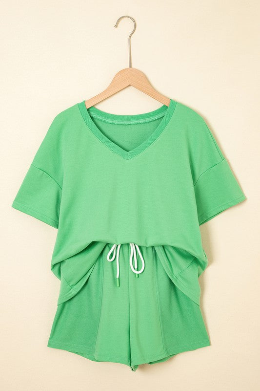 V Neck Tee & Patchwork Shorts Set
