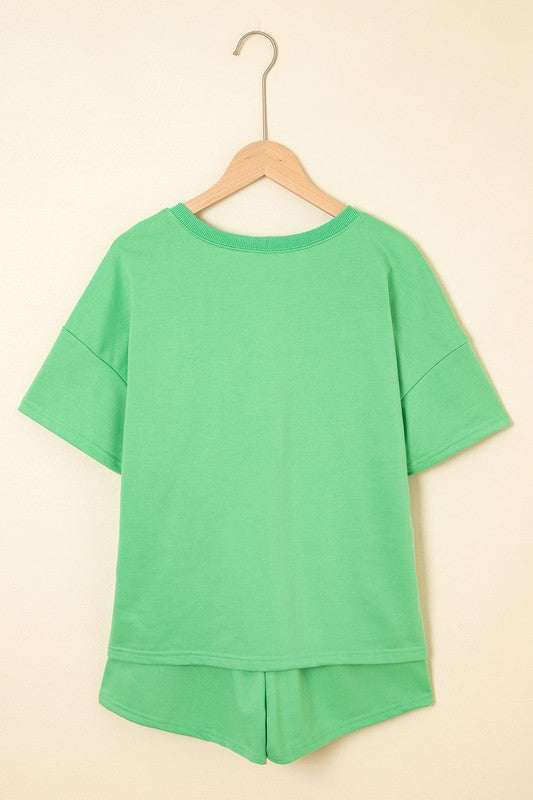 V Neck Tee & Patchwork Shorts Set