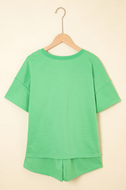 V Neck Tee & Patchwork Shorts Set