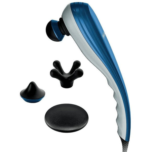 Wahl deep tissue percussion massager with variable speed control, 4 interchangeable heads, long handle and ergonomic design

