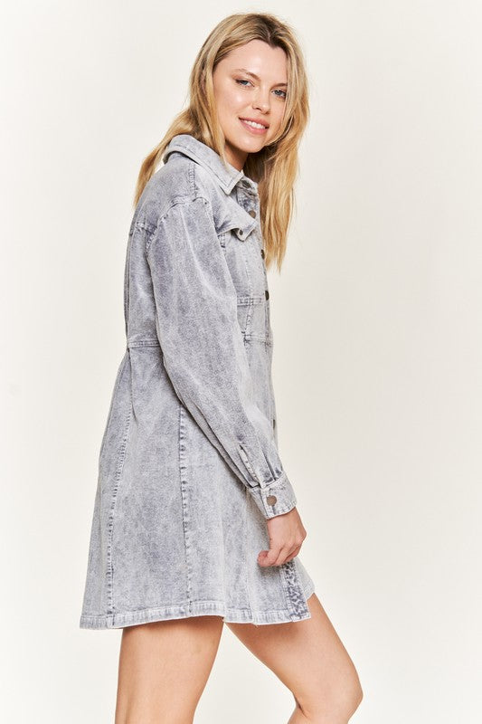 Washed corduroy mini dress, JJD5006, with a collared neckline and button-up front.
