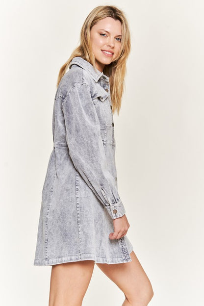 Washed corduroy mini dress, JJD5006, with a collared neckline and button-up front.