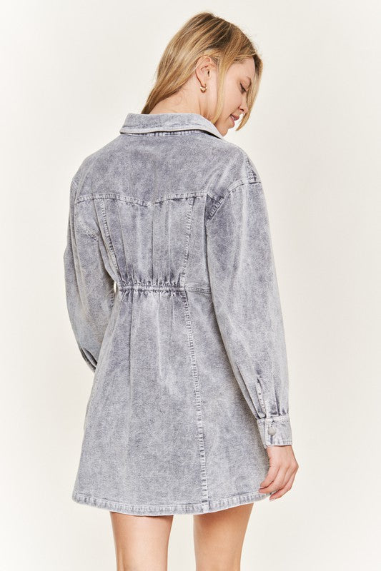 Washed corduroy mini dress, JJD5006, with a collared neckline and button-up front.
