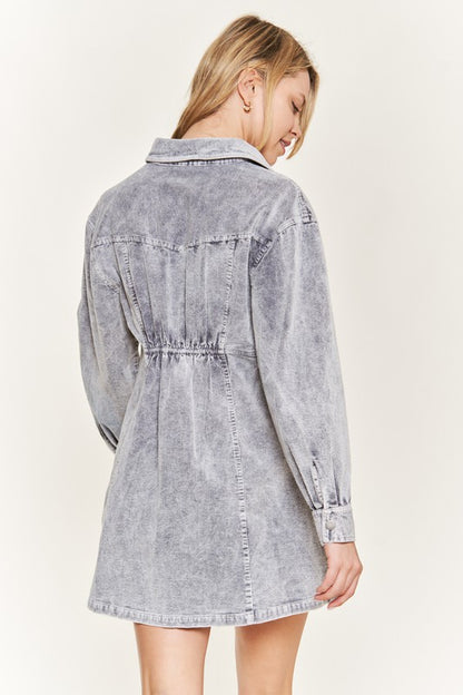 Washed corduroy mini dress, JJD5006, with a collared neckline and button-up front.