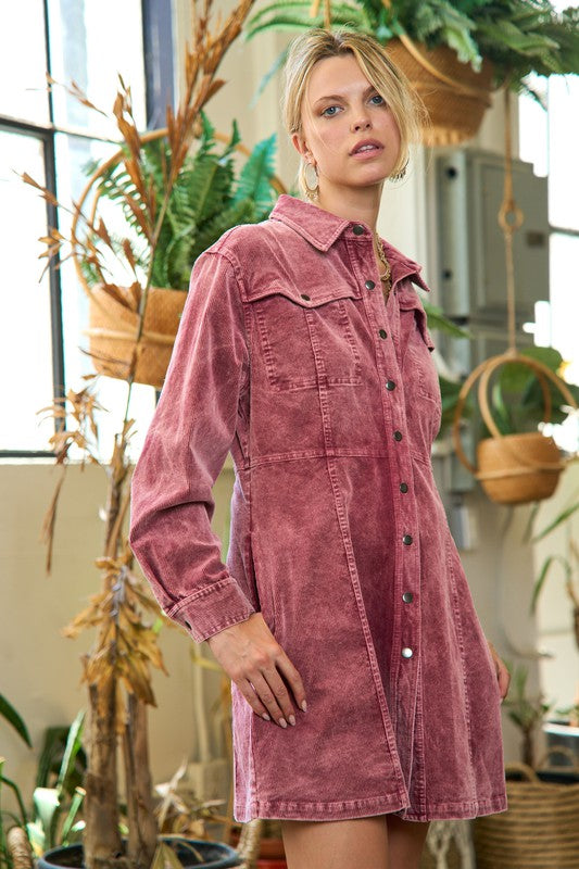 Washed corduroy mini dress, JJD5006, with a collared neckline and button-up front.