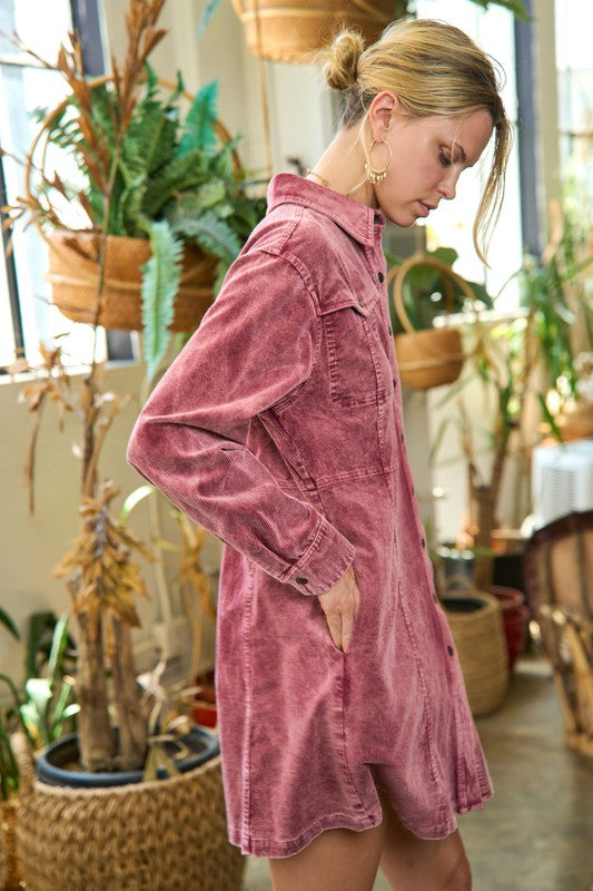 Washed corduroy mini dress, JJD5006, with a collared neckline and button-up front.