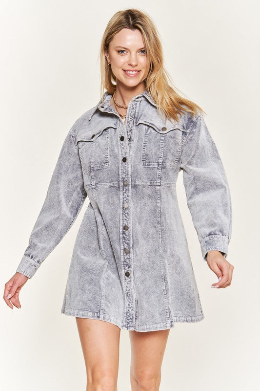 Washed corduroy mini dress, JJD5006, with a collared neckline and button-up front.