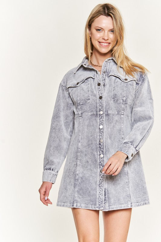 Washed corduroy mini dress, JJD5006, with a collared neckline and button-up front.