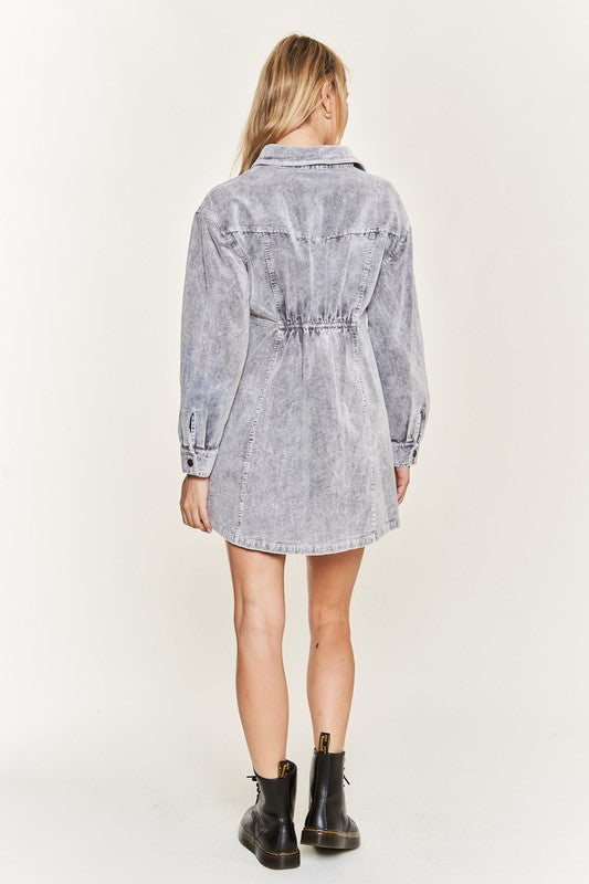 Washed corduroy mini dress, JJD5006, with a collared neckline and button-up front.