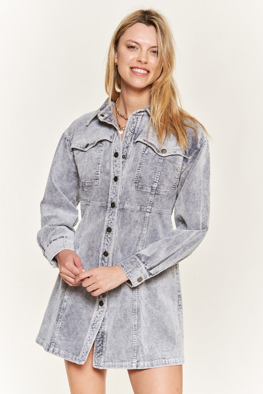 Washed corduroy mini dress, JJD5006, with a collared neckline and button-up front.