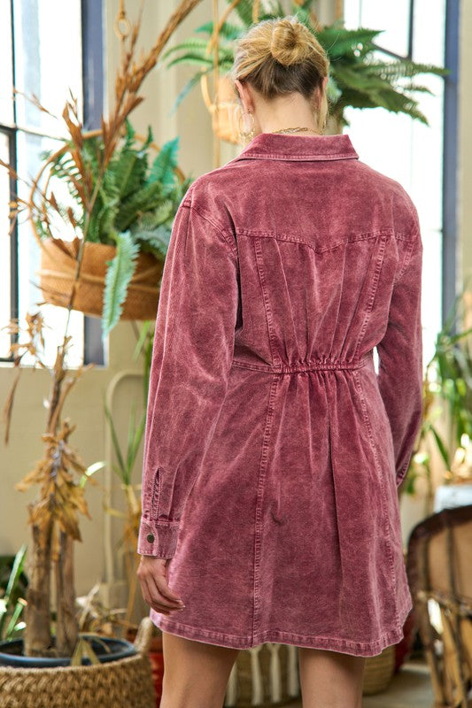 Washed corduroy mini dress, JJD5006, with a collared neckline and button-up front.