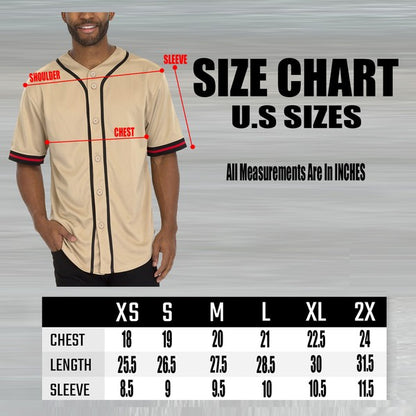 U.S. size chart for baseball shirts showing chest, length, and sleeve measurements from XS to 2X.
