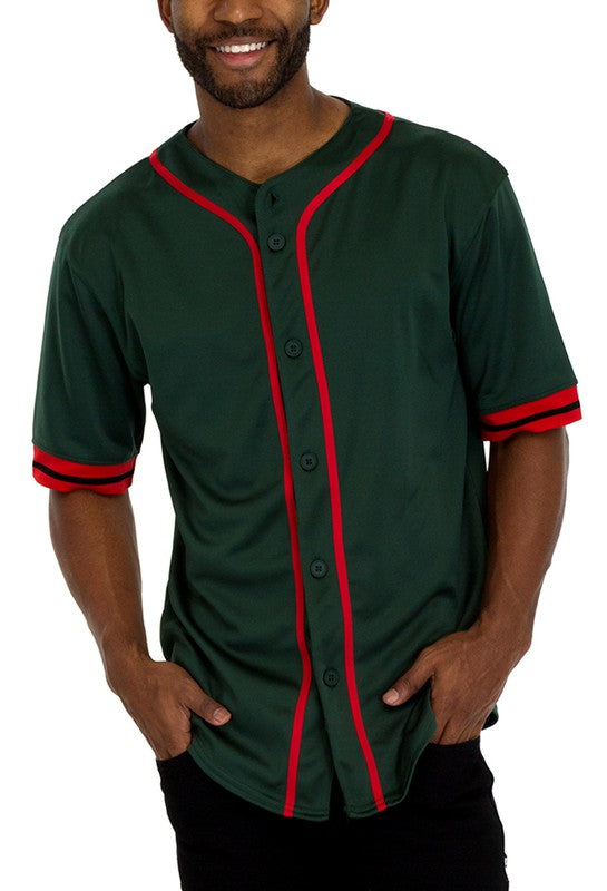 Man wearing a baseball-style shirt with red piping, black buttons, and red-striped short sleeves.