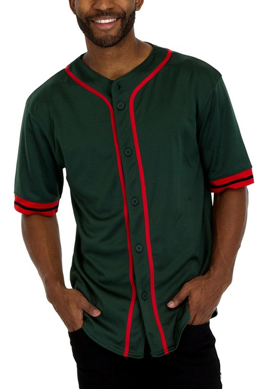Man wearing a baseball-style shirt with red piping, black buttons, and red-striped short sleeves.