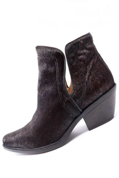 Western ankle booties pointed toe, chunky stacked heel, and side zip entry