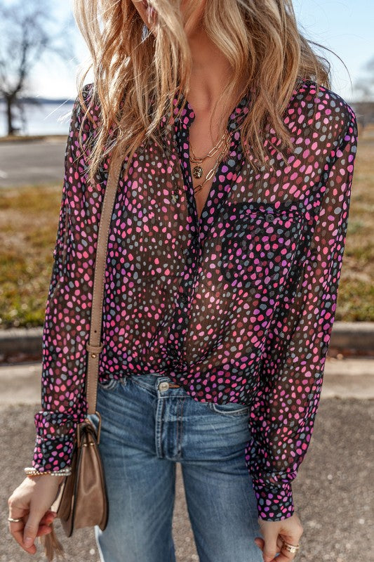 Rich wine-polyester fabric with charming polka dot print adds lively texture. 