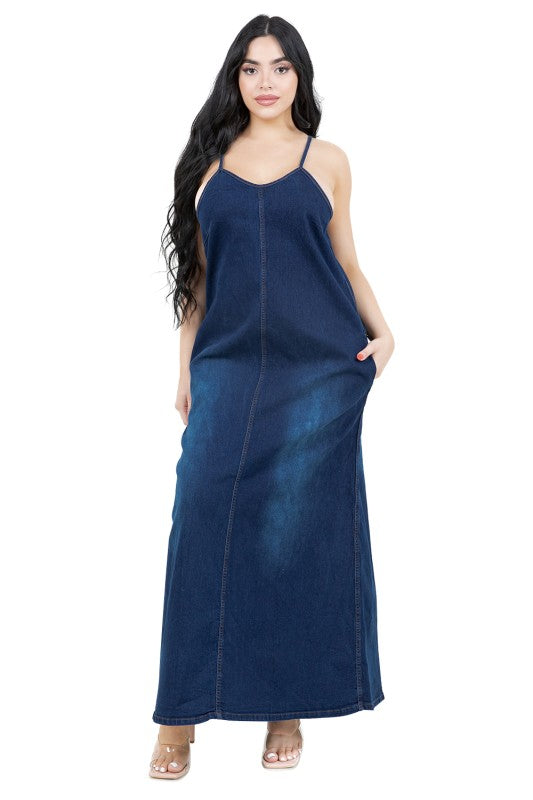 Deep blue denim wash dress,straight cut that skims the body without being tight with front pockets.