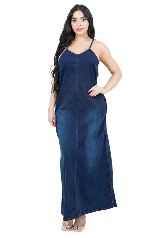 Deep blue denim wash dress,straight cut that skims the body without being tight with front pockets.