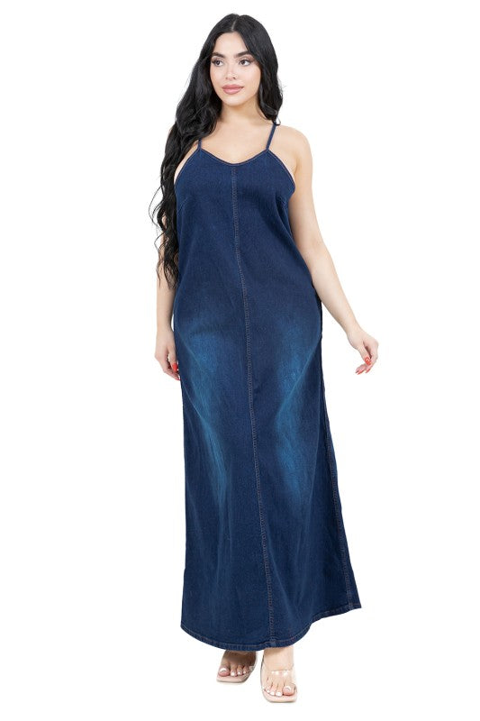 Deep blue denim wash dress,straight cut that skims the body without being tight with front pockets.