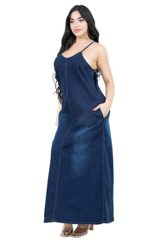 Deep blue denim wash dress,straight cut that skims the body without being tight with front pockets.