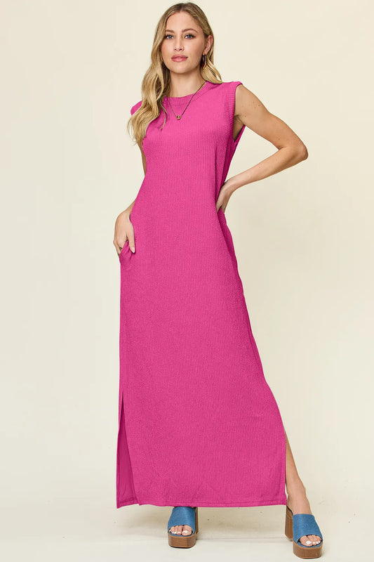 The Double Take full-size texture mock-neck sleeveless maxi dress features a sleek, textured fabric with a refined mock neckline and a flowing, floor-length silhouette for elegant, all-day wear.

