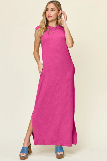 The Double Take full-size texture mock-neck sleeveless maxi dress features a sleek, textured fabric with a refined mock neckline and a flowing, floor-length silhouette for elegant, all-day wear.

