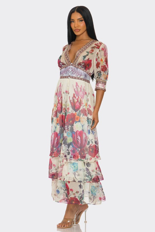 a long, floral maxi with a soft pastel print, a V-neckline, short puff sleeves, a fitted waist, and a ruffled, tiered skirt that falls to the ankles.