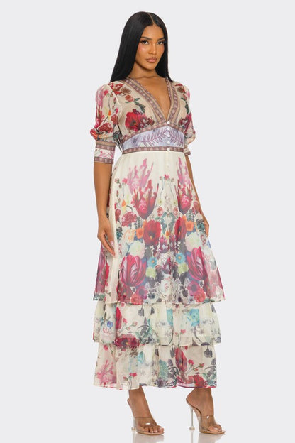 A long, floral maxi with a soft pastel print, a V-neckline, short puff sleeves, a fitted waist, and a ruffled, tiered skirt that falls to the ankles.