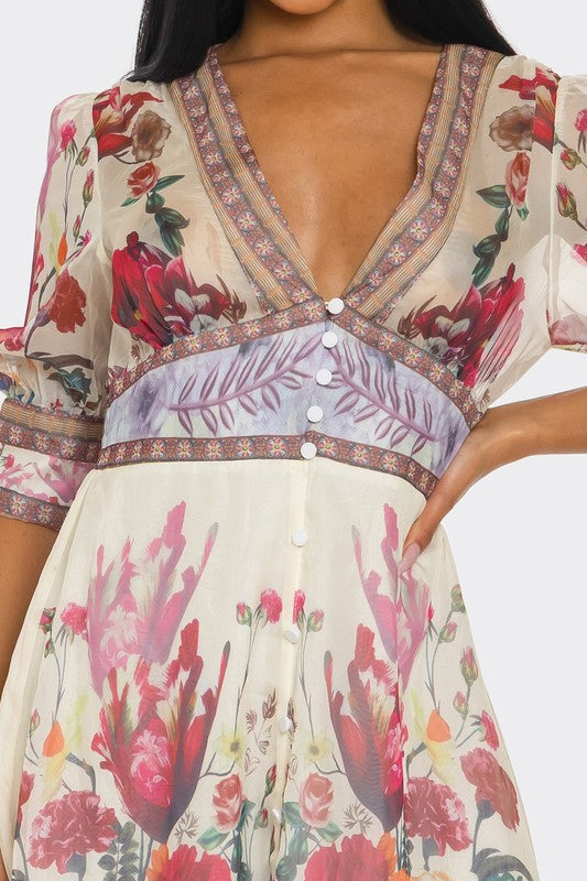 A long, floral maxi with a soft pastel print, a V-neckline, short puff sleeves, a fitted waist, and a ruffled, tiered skirt that falls to the ankles.